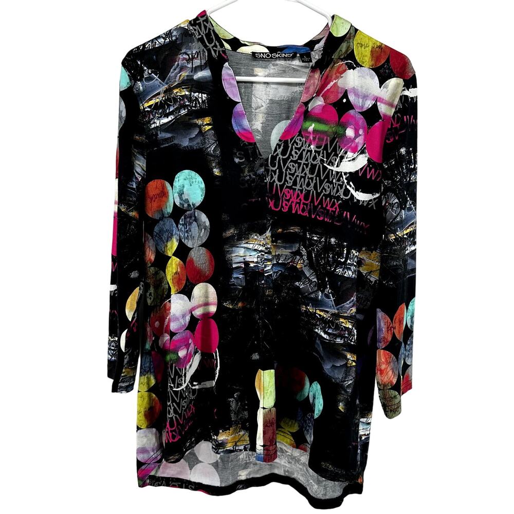 Snoskins Retro Print Blouse Top Unlined V Neck Lightweight Black Large